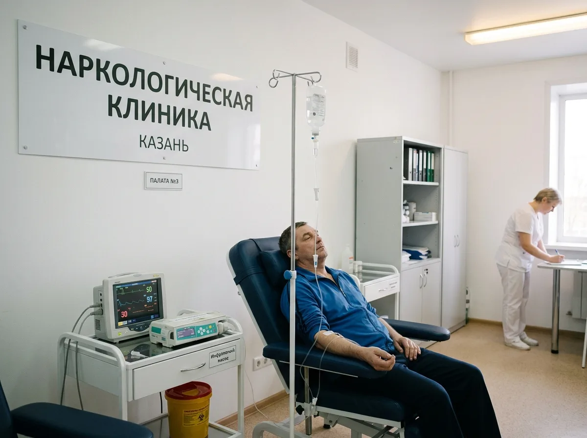 Медицинский кабинет в наркологической клинике Казани: капельница, белые стены, оборудование