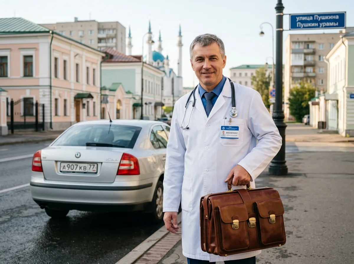 Врач-нарколог в белом халате с медицинским чемоданом готов к выезду на дом в Казани, профессиональный уверенный вид