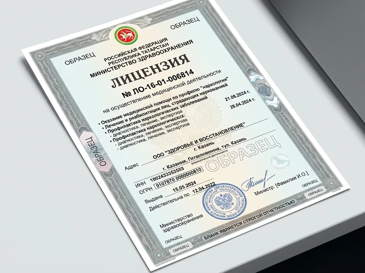 Лицензия № ЛО-16-01-006814 Министерства здравоохранения Республики Татарстан на осуществление наркологической медицинской деятельности